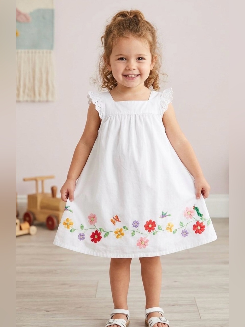 White Floral Border Kids Dress - Soft Cotton Casual